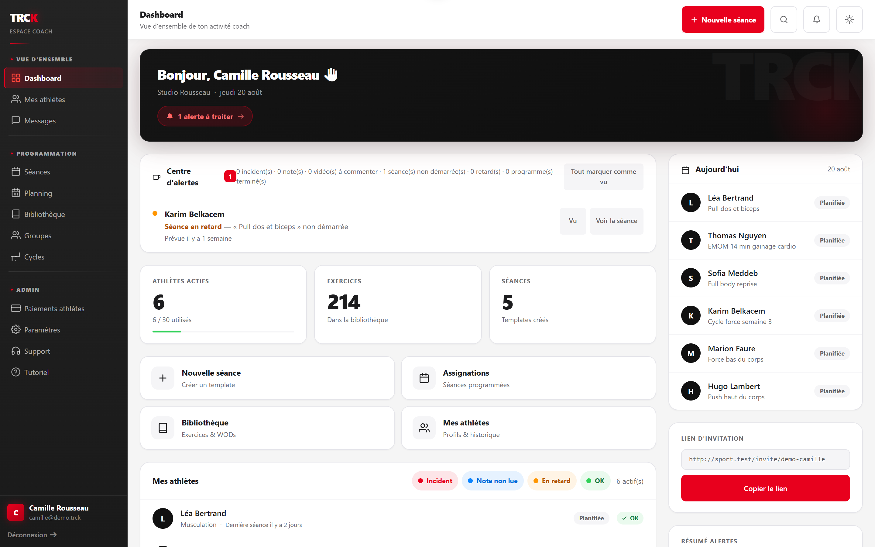 Tableau de bord coach de TRCK : alertes, nombre d'athlètes actifs, exercices et séances du jour